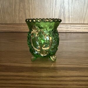 1898, Antique EAPG Croesus Green Gold Glass Spooner Toothpick Holder Vase 2.5T